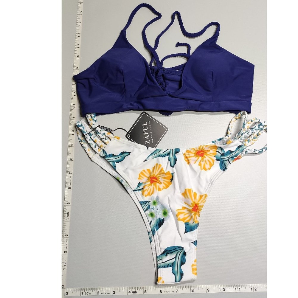 NWT ZAFUL Large Tankini high cut Blue Floral bikini set